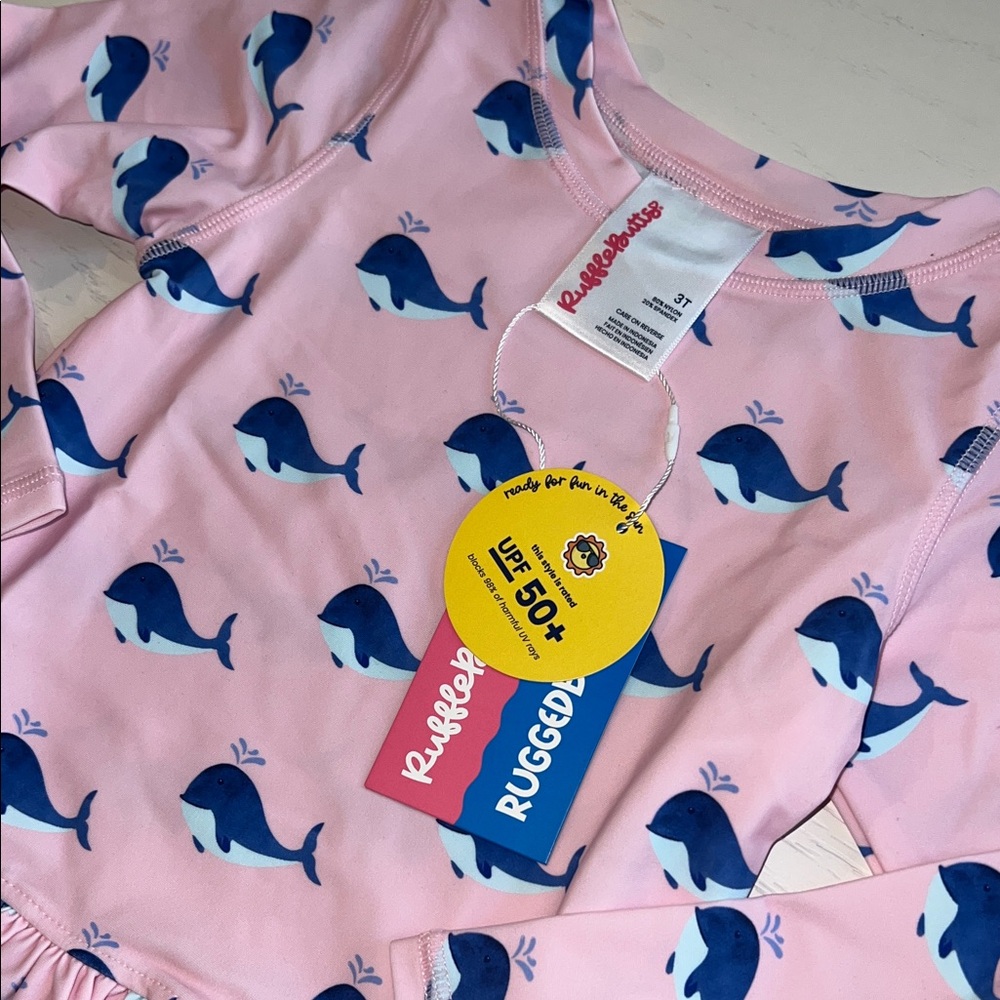 Rufflebutts Pink Whale Rash Guard Swimsuit Set 3T 5 - Picture 4 of 7